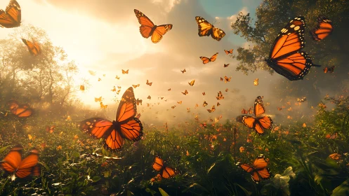Monarch butterfly swarm at golden hour over wild meadow