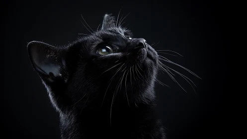 Obsidian Gaze: Black Cat Looks Skyward in Dramatic Shadows