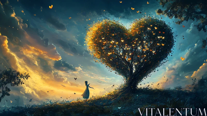Heart-Shaped Tree Beneath Celestial Sky: Digital Surrealism.