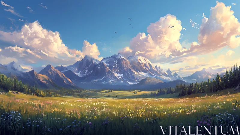 Sunlit alpine meadow stretches before towering peaks.