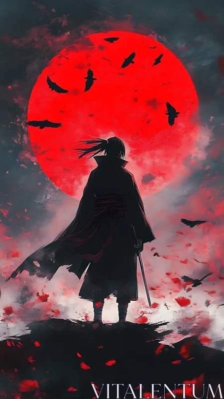 Lone wanderer stands beneath a blazing crimson moon.
