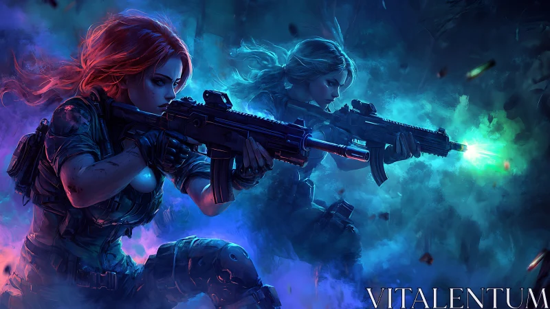 Tactical duo advance through neon smoke with rifles ready.