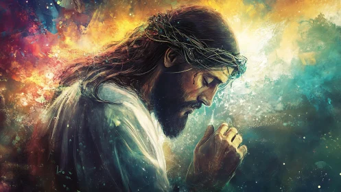 Christ in solemn prayer amid radiant abstract colors.