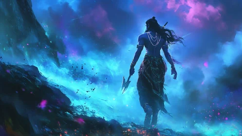 Warrior silhouette strides through bioluminescent storm field