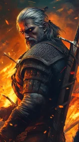 Silver‑haired monster hunter prowls a storm of molten embers.