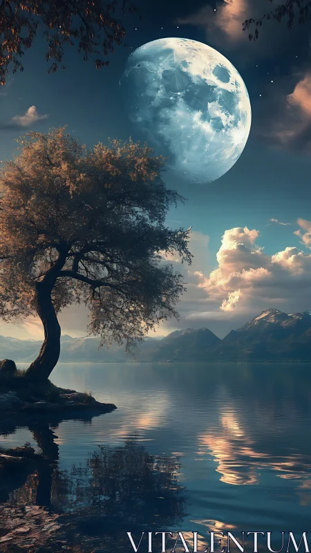 Moonlit lakeside tree rests beneath an enormous twilight moon