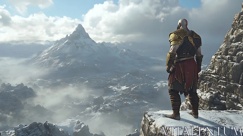 Battle-scarred wanderer surveying a thunder-quiet frost mountain.