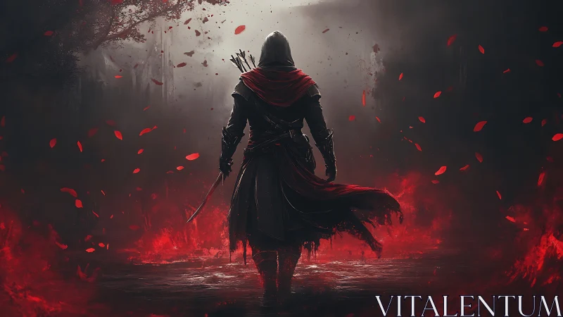 Hooded warrior in red cloak amid burning crimson mist.