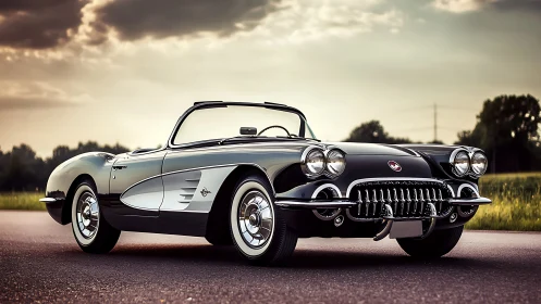Classic black convertible gleams under a dramatic twilight sky