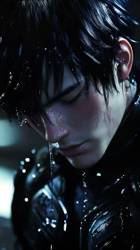 Wet-haired figure in close-up portrait with downward gaze