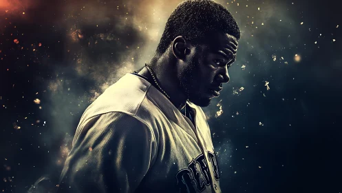 Baseball player stands in dramatic spotlight amid glowing dust
