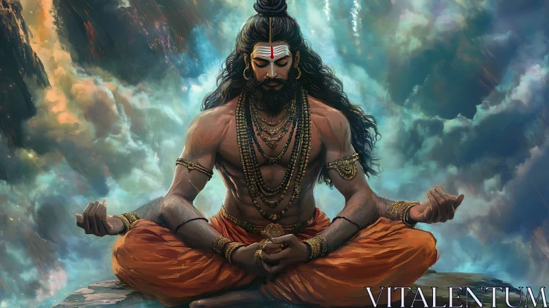 Mythic ascetic in cloud-suspended meditation, digital rendering.