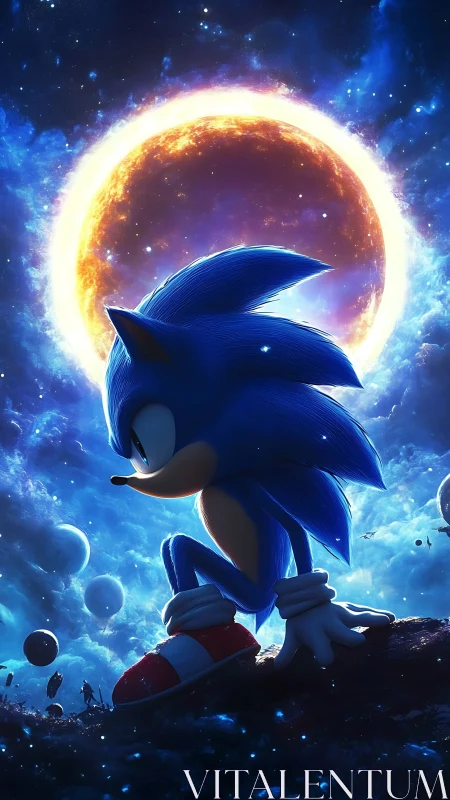 Sonic silhouette poised against incandescent cosmic eclipse