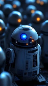 Blue-lit service droid stands among blurred robot crowd.