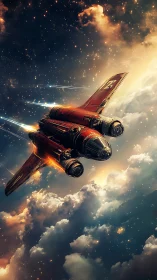 Scarlet starfighter dives through glowing nebula cloudscape