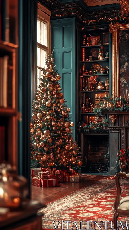 Opulent Christmas tree in richly decorated vintage library.
