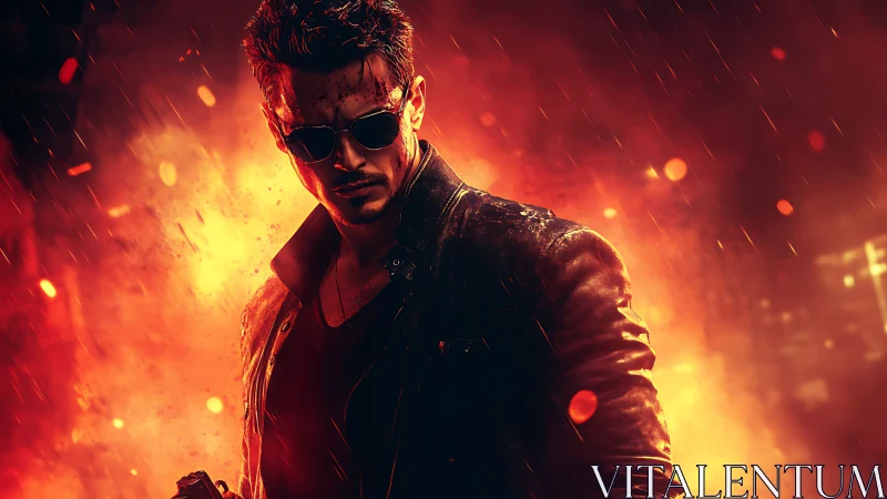 Brooding action hero walks through blazing inferno in style.