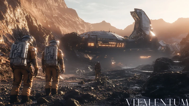 Extravehicular crew approaches landed starship on rocky exoplanet.