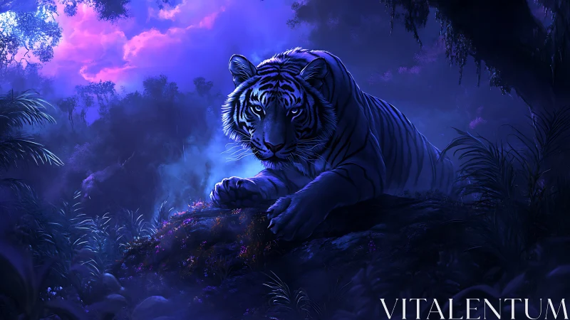 Moonlit jungle tiger resting under electric violet skies.