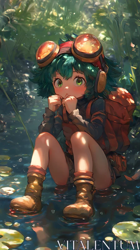 Young explorer rests in glowing forest stream clearing