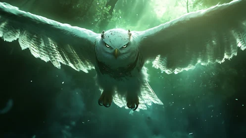 Majestic white owl soaring through mystical forest, digital art.
