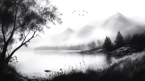 Whispering fog over silver lake and quiet mountain shadows.