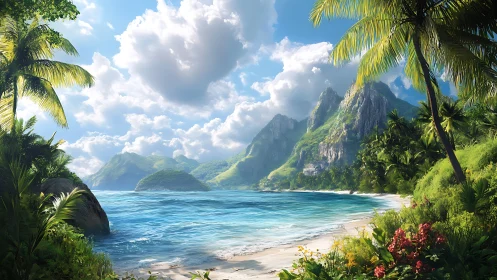 Tropical coastal landscape with steep volcanic peaks