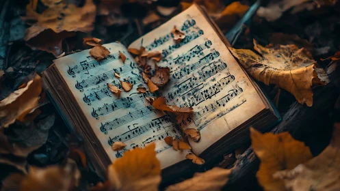 Weathered music book rests amid crisp autumn leaves
