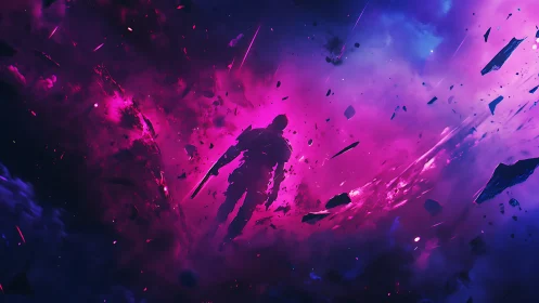 Silhouetted armored figure stands amid luminous cosmic debris