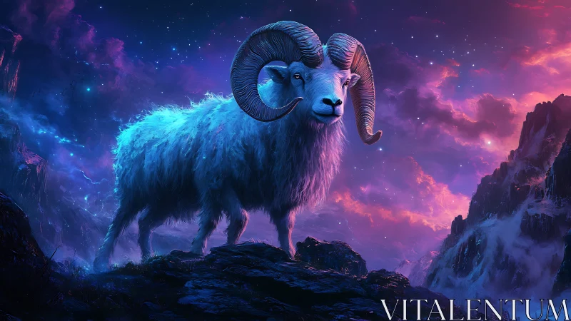 Celestial ram under neon twilight sky in cosmic mountains.