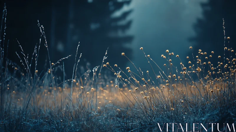 Golden meadow grasses glowing at dawn in misty forest.
