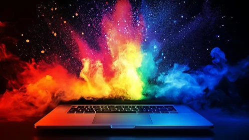 Color explosion erupting from open laptop on dark desk.