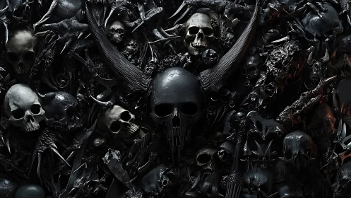 Dark skull ensemble wrapped in richly detailed shadows.