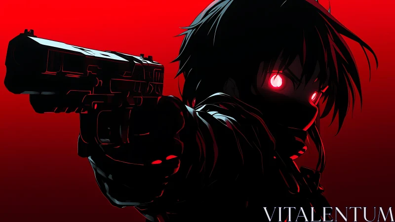 High-contrast anime gunman silhouette with red neon backlight.