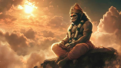 Serene monkey deity meditating in glowing sunset clouds.