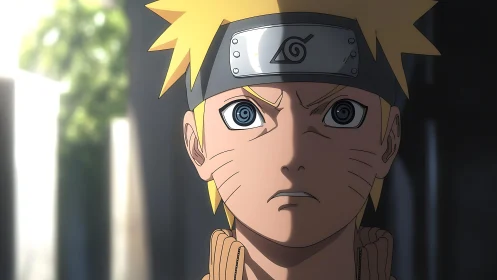 Close frontal view shows anime ninja character in strong light