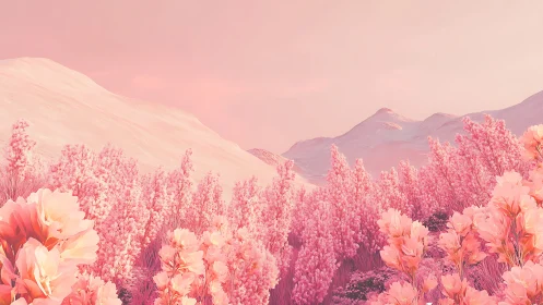 Uniform pink-toned floral terrain extends toward distant hills