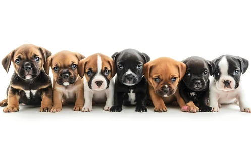 Row of mixed-breed puppies on seamless white backdrop, frontal