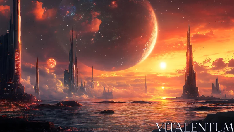 Futuristic coastal megacity glows under colossal alien planet