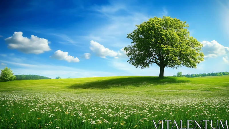Isolated deciduous tree on open green meadow under sky.