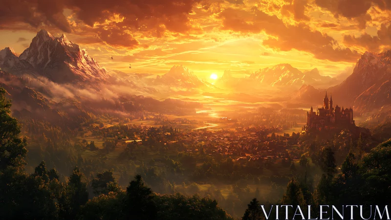 Sunlit kingdom unfurls beneath ember-soaked mountain skies