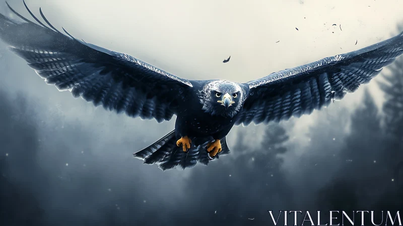 Majestic Eagle in Flight Over Misty Forest, Dramatic Realism Style.