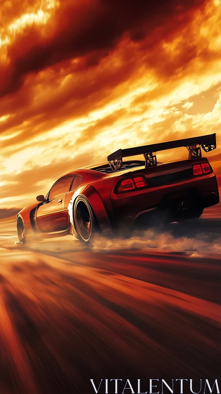Scarlet drift machine blazing through a molten sunset sky.