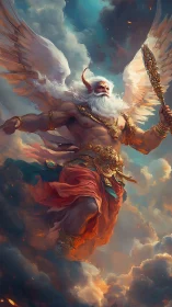 Winged celestial warrior ascends through volumetric storm clouds
