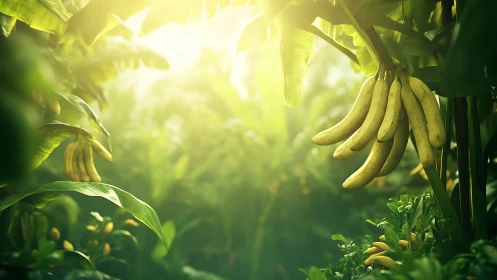 Sunlit banana cluster in lush tropical plantation canopy.