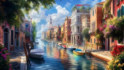 Venetian canal under summer light with colorful facades.