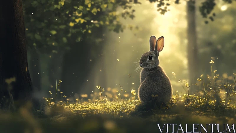 Gentle rabbit in sunlit forest glade, enchanting soft-focus artwork.