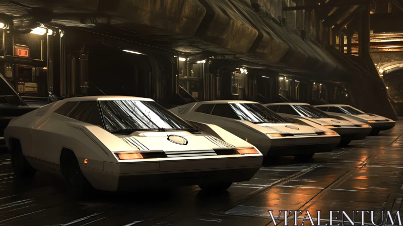 Row of retro-futuristic coupes in dim industrial garage.