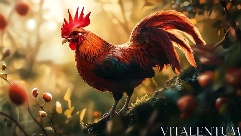 Red Rooster Perched Among Golden Foliage and Berries