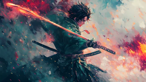 Dynamic samurai profile in fiery chromatic motion painting.